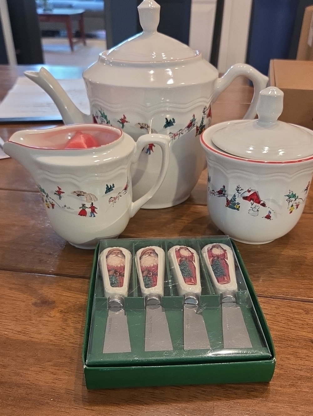 Farberware White Ceramic Tea Set with Red Accent and Holiday Motif - 3-Piece